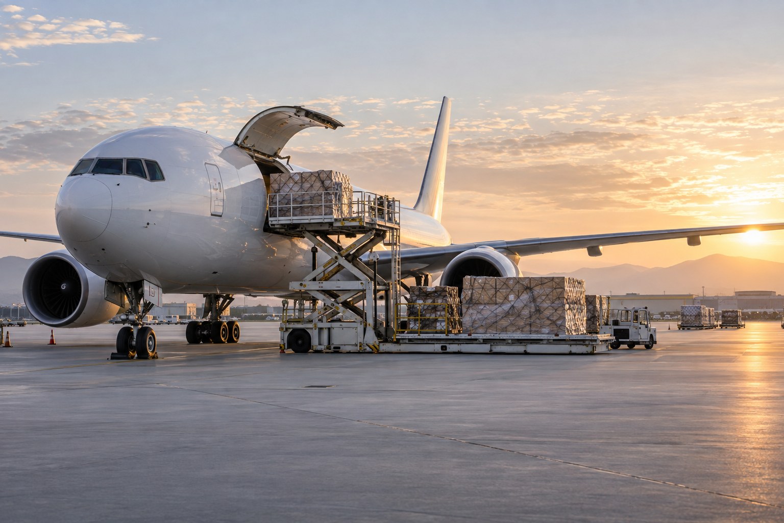 Palletized freight being loaded aboard a cargo aircraft at dawn
