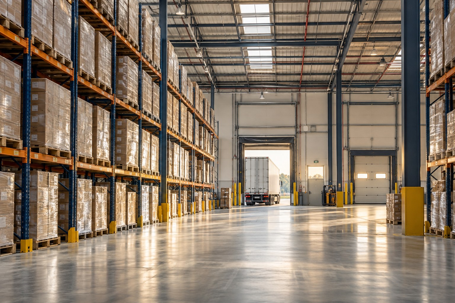 Palletized inventory and a loading dock in a modern distribution warehouse