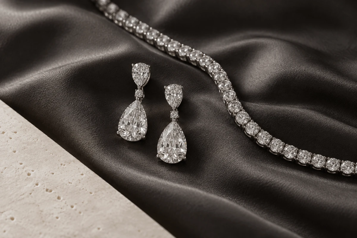 Pear-shaped diamond earrings and a diamond necklace on charcoal silk