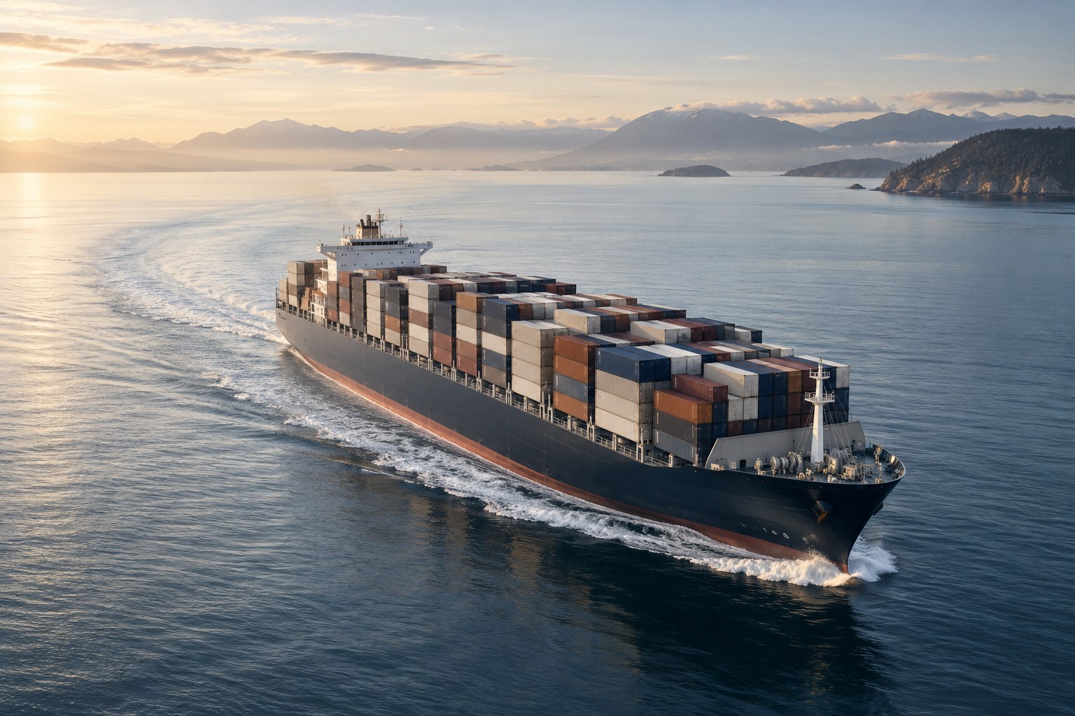 Container vessel crossing calm coastal waters in soft morning light