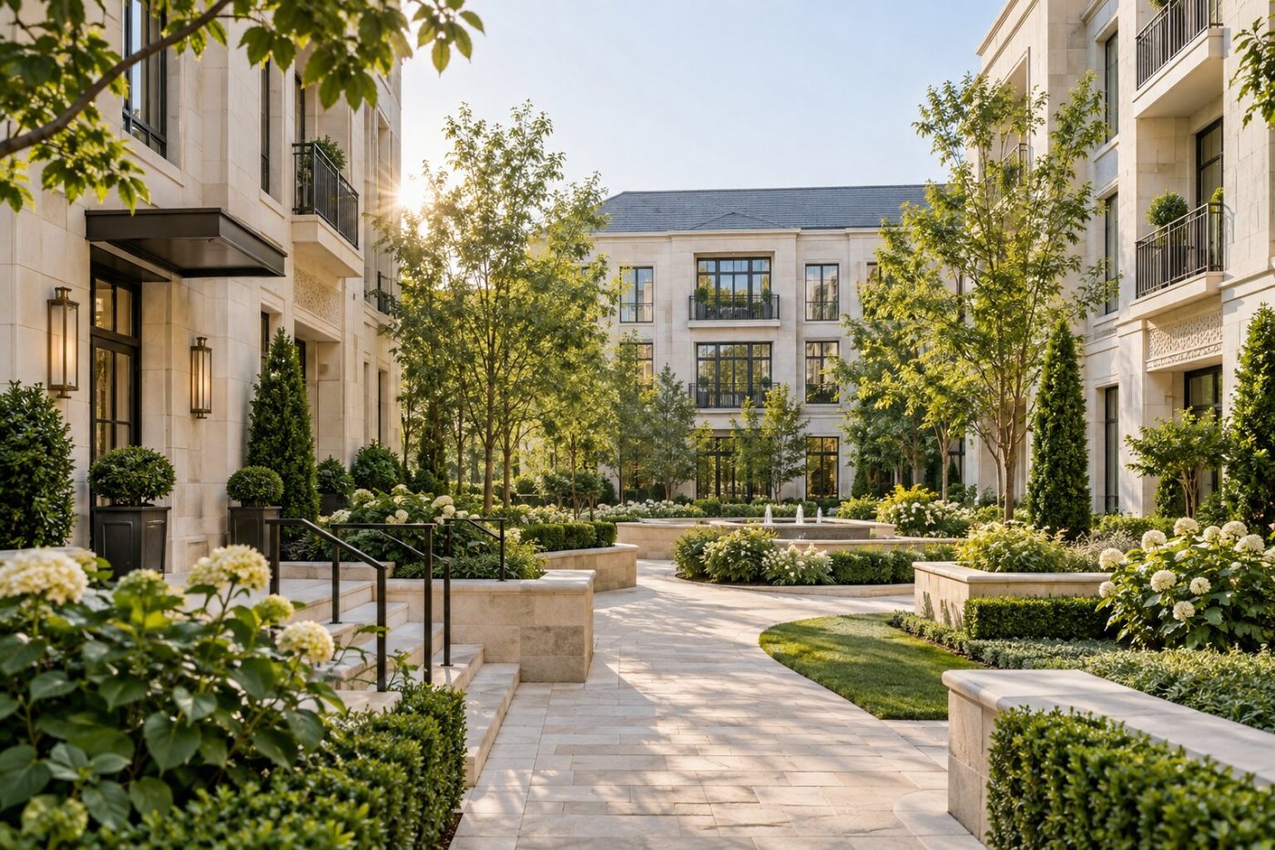 Light limestone garden-apartment courtyard with mature landscaping and fountains