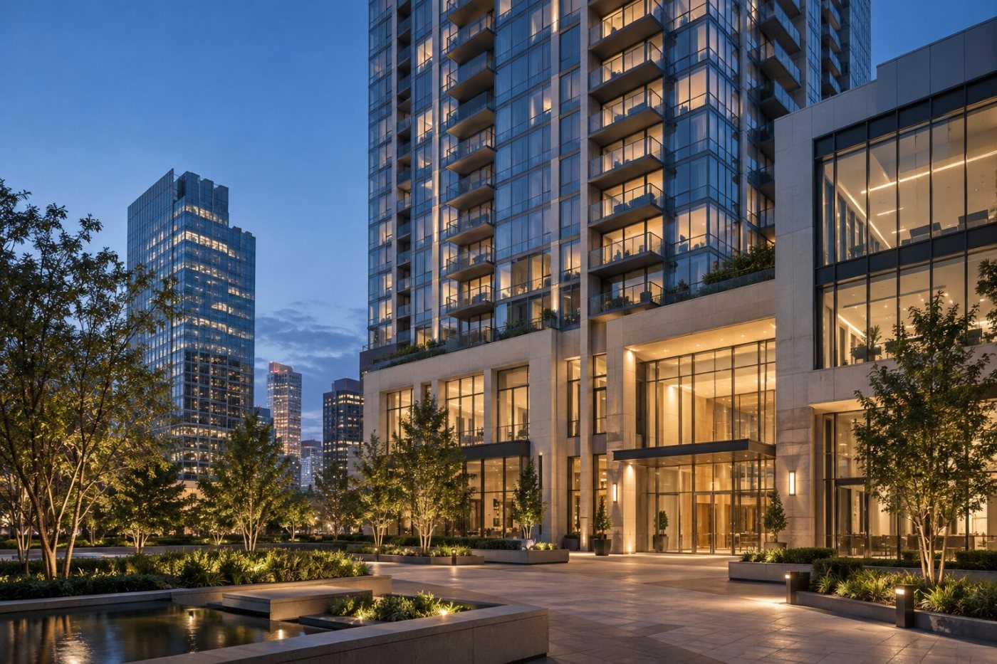 Modern high-rise multifamily and commercial buildings around a landscaped plaza at blue hour