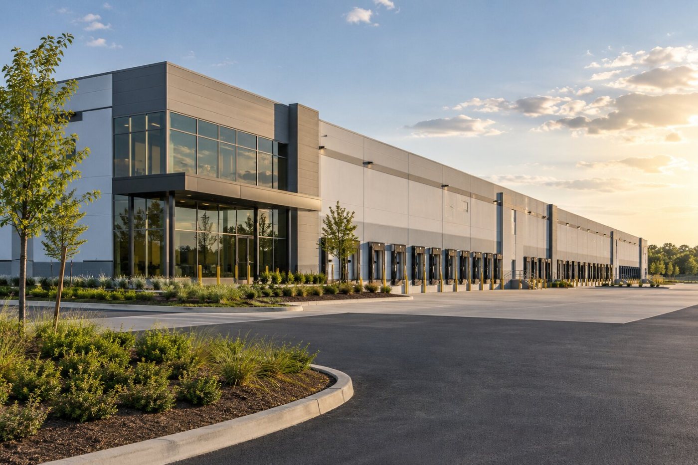 Modern commercial warehouse and manufacturing facility with landscaped approach