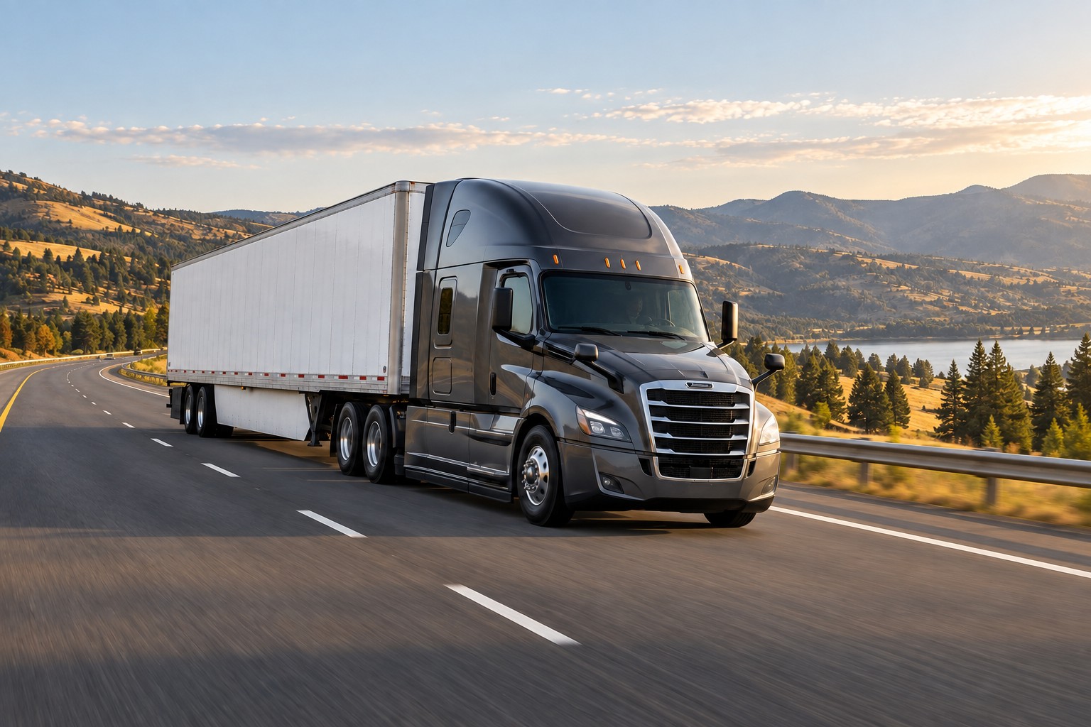 Tractor-trailer traveling on a highway beside a lake and rolling hills